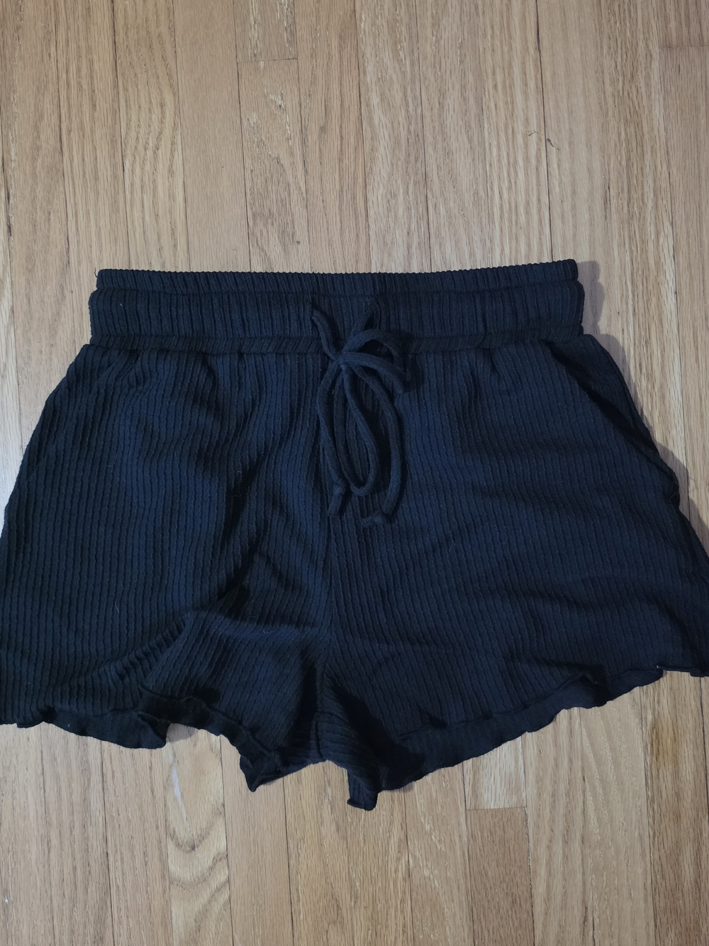 Kittenish Black Ribbed Drawstring Lounge Shorts